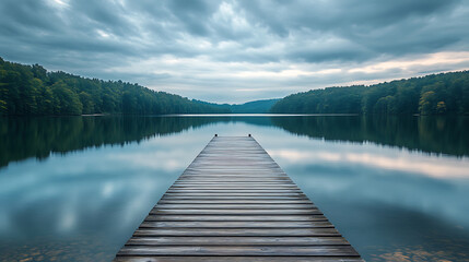Obraz premium Wooden pier stretching out into a calm, placid lake 