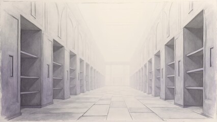Obraz premium Serene Minimalist Hallway: Empty Shelving Units in a Foggy, Architectural Drawing.
