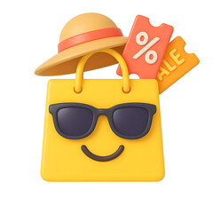 Summer sale shopping bag with sunglasses and discount coupons isolated on transparent background