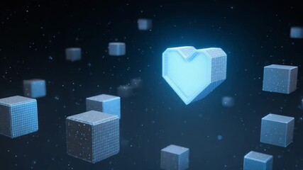 3D render of a glowing heart surrounded by floating cubes against a dark background - Powered by Adobe