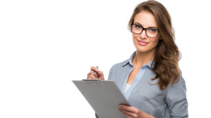 Confident Businesswoman with Clipboard and Pen in Studio