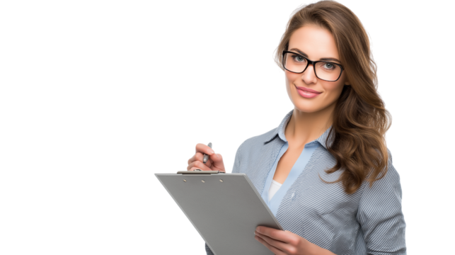 Confident Businesswoman with Clipboard and Pen in Studio