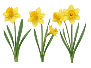 A cluster of five bright yellow daffodils with green leaves isolated on transparent background