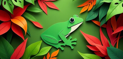 Playful paper cut frog on jungle green, whimsical curves, tropical vibe,  nature,  craft