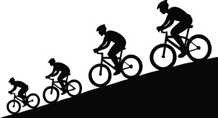 Obraz premium Black Silhouettes of Mountain Bikers Riding Uphill, Featuring Cyclists and Bicycles on an Incline