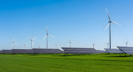Wind turbines and solar panels in green field under blue sky, sustainability concept