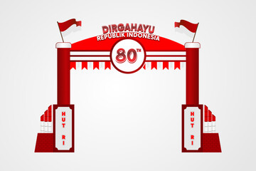 80th Indonesian Independence Day Gate Design – Red and White Vector Illustration with Indonesian Flag