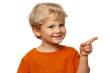 Adorable little blonde Caucasian boy smiling and pointing with left hand, isolated on white or transparent background