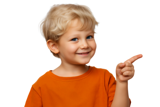 Adorable little blonde Caucasian boy smiling and pointing with left hand, isolated on white or transparent background