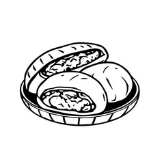 Delicious Stuffed Buns On Round Basket With Black Outline And White Fill On Isolated Background
