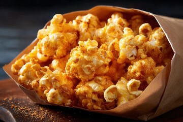 A close-up of spicy cheese popcorn in a paper bag, perfect for a snack. The vibrant colors and textures make it enticing for movie nights or parties.
