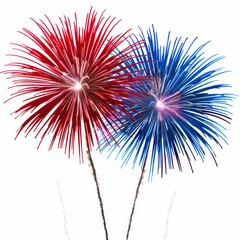 Fototapeta premium Two vibrant fireworks burst in red and blue against a white background, symbolizing celebration and festivity.
