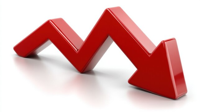 A glossy red 3D arrow graph sharply zigzags downward, symbolizing decline or decrease on a white background.