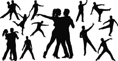 Dance silhouettes illustration, graceful motion, artistic choreography, stage performance, rhythmic movement, expressive poses, dancing shapes, creative flow, body language chart