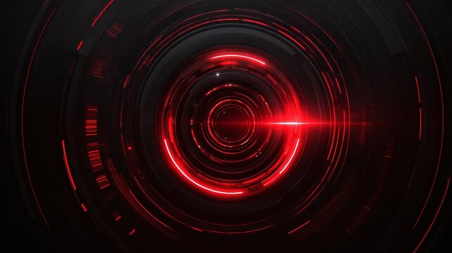 Abstract glowing red circles, digital art. A hypnotic, futuristic image featuring concentric rings and sharp highlights in a dark, modern design.