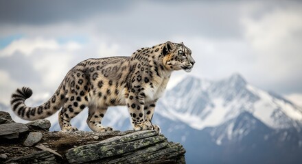 Fototapeta premium Snow Leopard on Himalayan Cliff with Windblown Fur and Distant Snowy Peaks