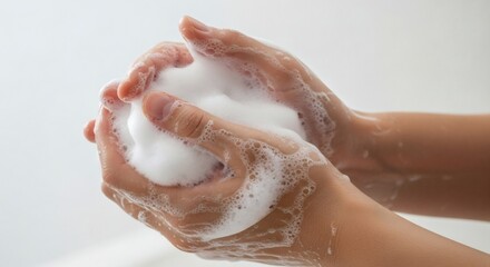 Fototapeta premium Hands gently cupped, filled with foamy soap, symbolizing personal hygiene and cleanliness.