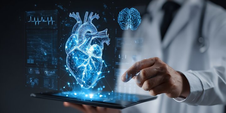 Doctor Examining a Holographic Heart and Brain for Comprehensive Health Analysis