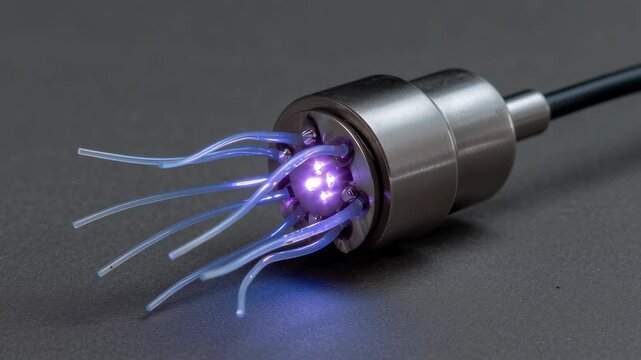 Neuromorphic Computing, A metallic device with glowing purple light and flexible translucent cables extending outward on a dark surface.