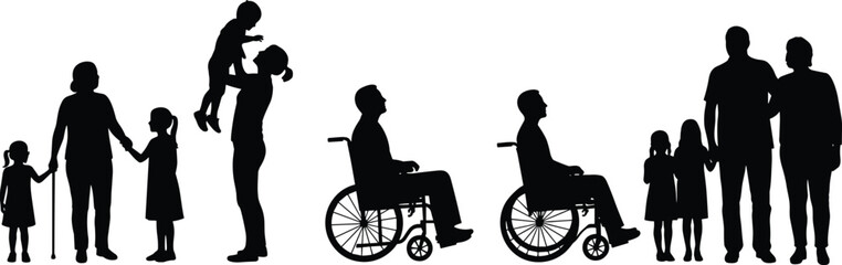 Inclusive family silhouettes, generational diversity, children, elderly, wheelchair users, compassion, love, unity, caregiving, support, accessibility, connection, community, strength