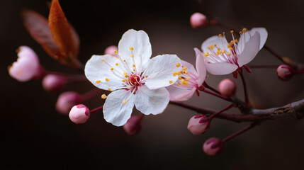 A close up of white cherry blossoms with pink buds against a dark blurred background scene