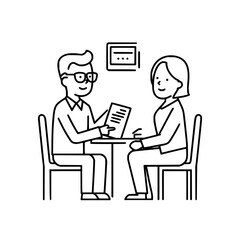 Line drawing of a man in glasses presenting a document to a woman at a table with chairs and wall art