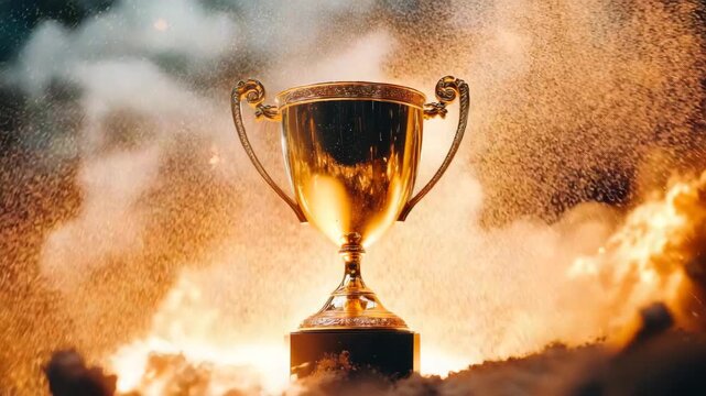 Majestic trophy surrounded by sparks and flames at a celebration event in the evening