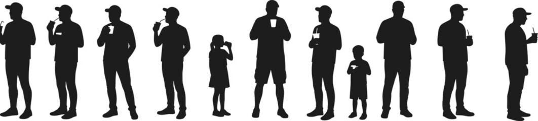Silhouette people drinking, casual refreshment, outdoor social scene, family and friends, standing line, diverse group, beverage moment, minimal vector, fun