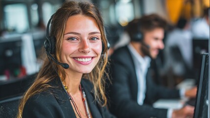 Friendly Customer Service Agent: Smiling woman with headset providing support in a busy office. Dedicated and helpful professional.
