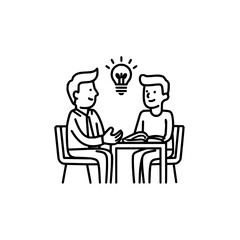 Two people sitting at a table with a book and a light bulb above them indicating an idea generation session
