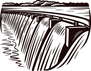 Vintage engraved illustration of a hydroelectric dam with flowing water and cloudy sky isolated on white background