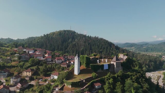 Aerial View of Medieval Fortress in Bosnia at Sunrise