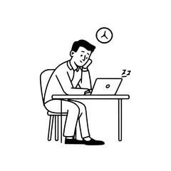 Illustration of a tired man at a desk with a laptop and clock showing exhaustion and work overload concept