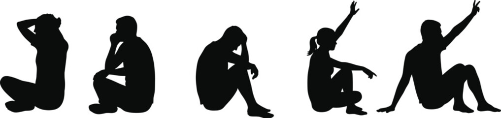 Silhouettes of people sitting, emotional, relaxed, thinking, stress, gesture, body language, casual pose, peaceful, expressive, isolated, vector art