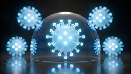 Glowing white blue virus particles floating gently under transparent dome, symbolizing protection, safety, and scientific research in futuristic laboratory environment