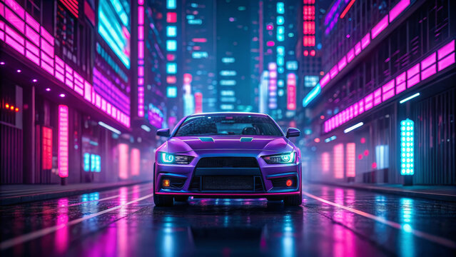 Futuristic car with vibrant neon lights in cyberpunk city street, glowing reflections on wet asphalt, anime inspired atmosphere, night urban scene, energetic mood