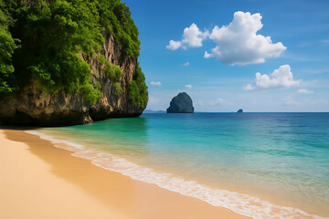 Fototapeta premium Serene Beach Paradise: A breathtaking view of a pristine beach with crystal-clear turquoise waters gently lapping against soft, golden sands, with a backdrop of lush greenery and clear, blue skies.