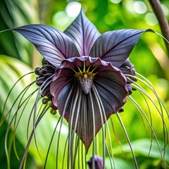 A striking and exotic black batflower with long delicate tendrils and dark purple petals is showcased against a blurred green