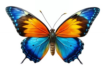 Obraz premium Vibrant blue and orange butterfly with intricate wing patterns on white background