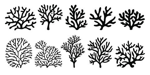 Stylized Black and White Seaweed Silhouette Collection Underwater Plants Marine Flora Diverse Shapes Artistic Representations Nature Inspired Illustrations
