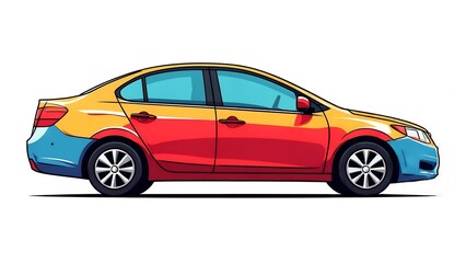 Colorful sedan car with a vibrant red, yellow, and blue design in a side view illustration.