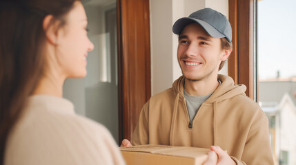 A delivery person is smiling while handing a parcel to a woman at her home. The interaction takes place by a window, showcasing a friendly exchange during daylight hours.