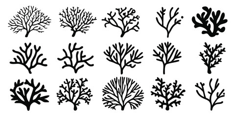 Collection of Black Silhouette Coral Illustrations Featuring Diverse Shapes and Branching Patterns on a Clean White Background, Ideal for Marine-Themed Designs