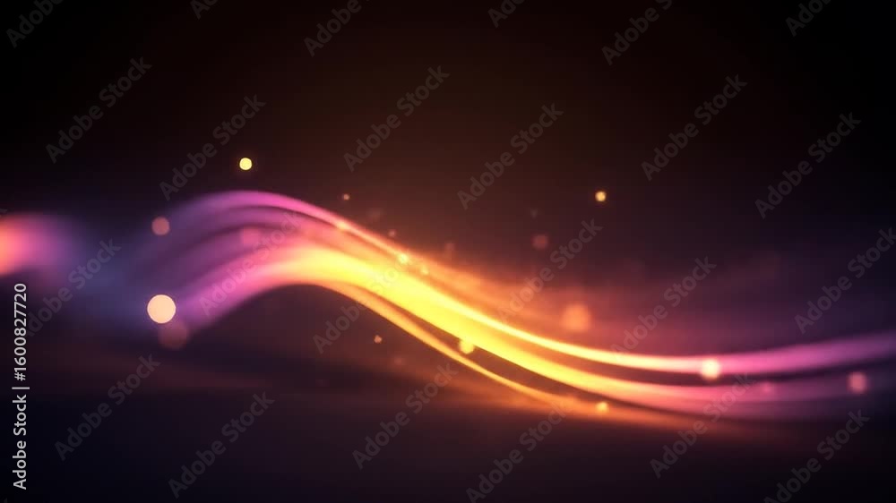 Wall mural dynamic glowing neon light trails flowing across dark background with sparkling particles.