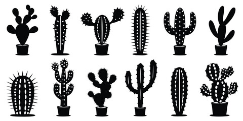 Black and White Silhouette Illustration Featuring an Assortment of Various Cactus Plants, Displaying Different Shapes and Spines, Some in Pots