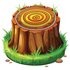 Cartoon Tree Stump Surrounded by Grass and Small Rocks Illustrates Natural Environment with Visible Growth Rings and Bark