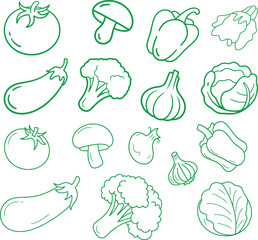 A collection of freshly drawn green vegetables and mushrooms seamlessly arranged on white background