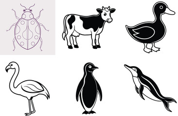 Fototapeta premium Cartoon vector animal set: farm, wild, and pet silhouettes including cow, bird, and duck illustrations