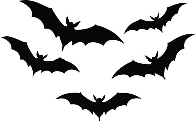Fototapeta premium Five Black Bat Silhouettes Isolated on White Background for Halloween Designs and Decoration