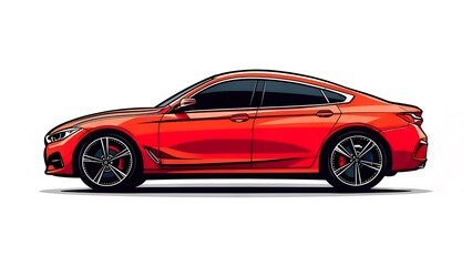 Fototapeta premium Sleek Red Sports Sedan Car Illustrated Side Profile on White Background